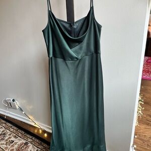 BHLDN CALI SATIN COWL-NECK MIDI SLIP DRESS  Dark Emerald
